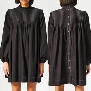 Ganni Women's Black Pintucked Cotton-Poplin Contrast Stitch Dress Size 36 Small